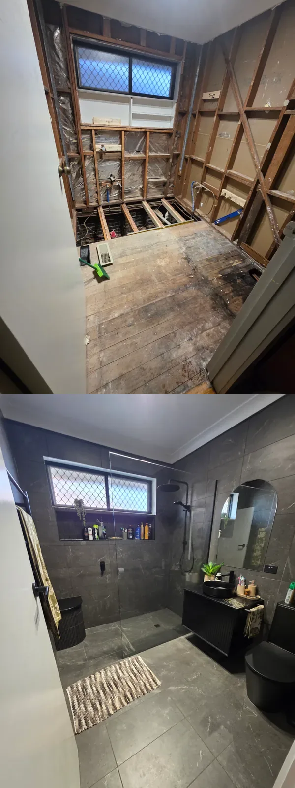 Bathroom renovation from full strip-out to a charcoal tiled walk-in shower and vanity