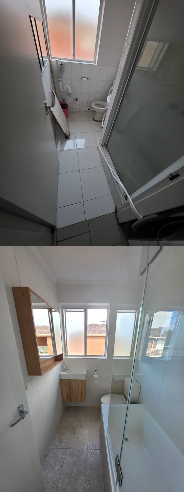 Bathroom renovation from the original shower room to a bright tiled bath and timber vanity