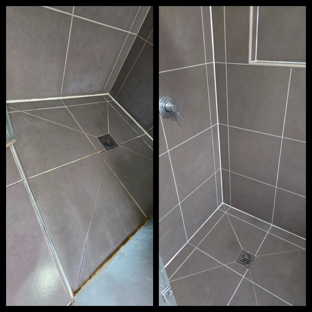 Shower re-grout dark tiles before and after