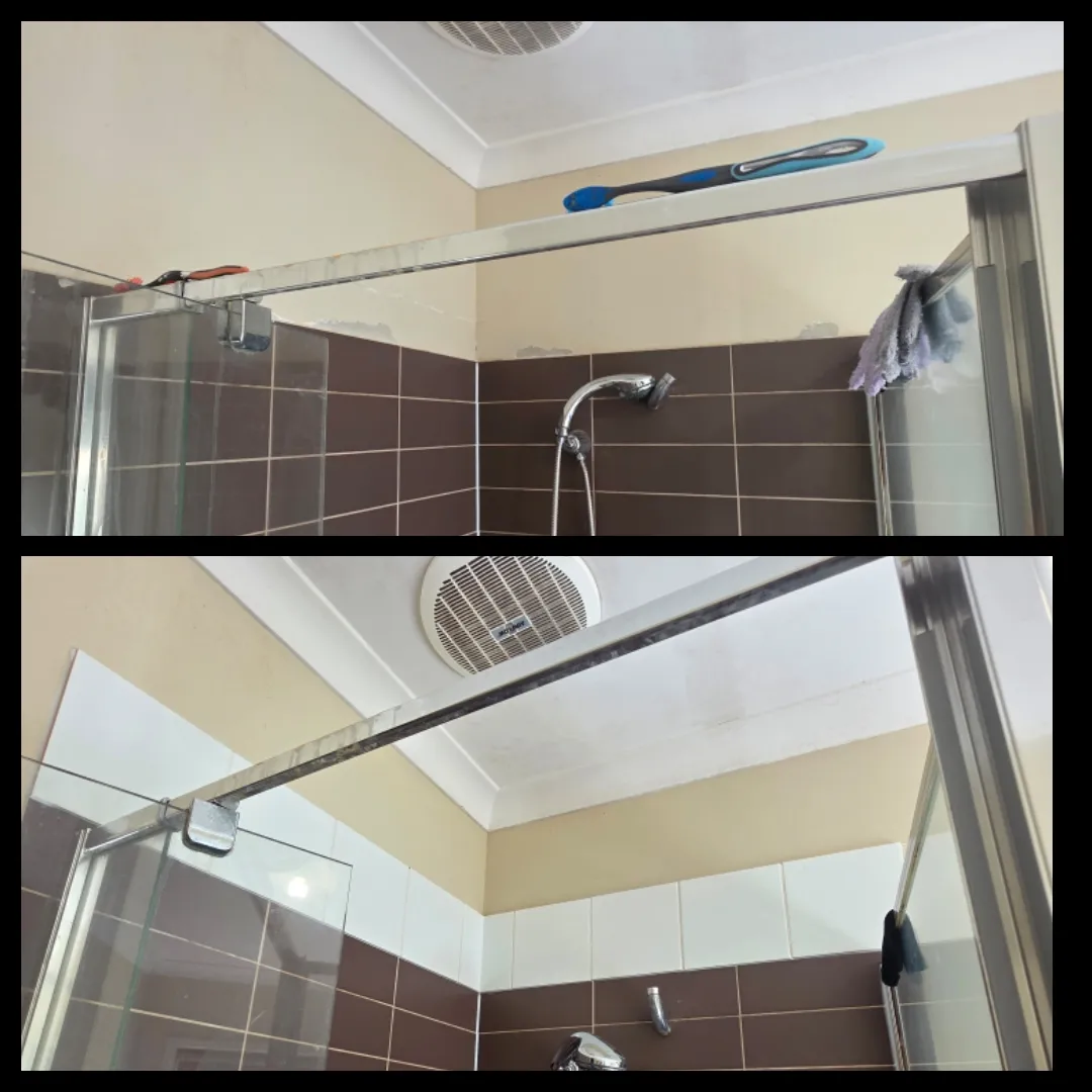 Shower screen re-caulk before and after