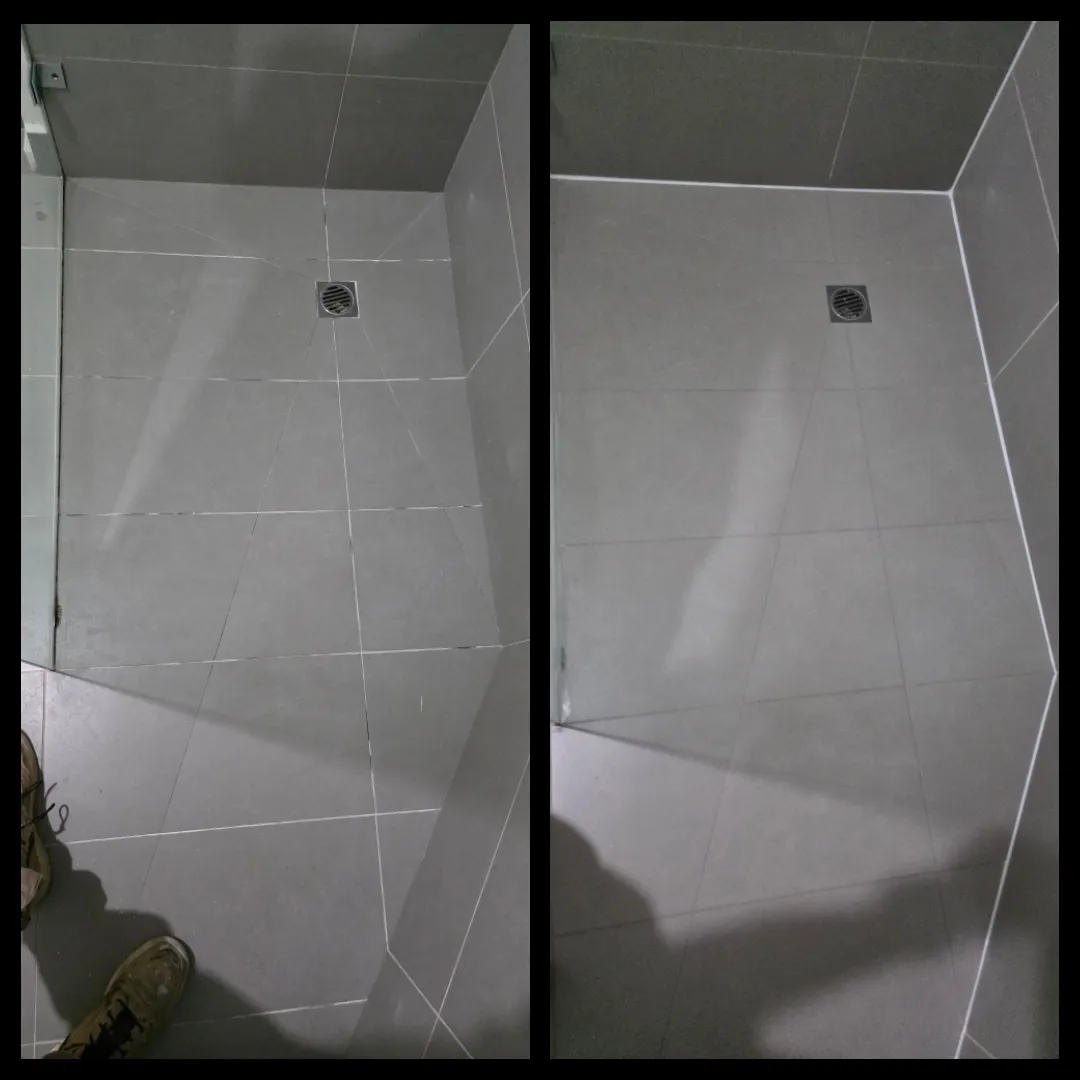 Shower floor re-grout before and after