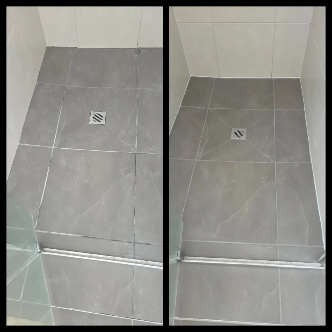 Shower base re-grout before and after