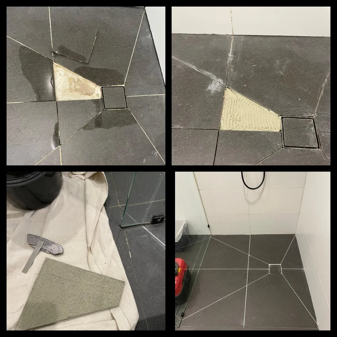 Shower floor tile repair 4-panel process