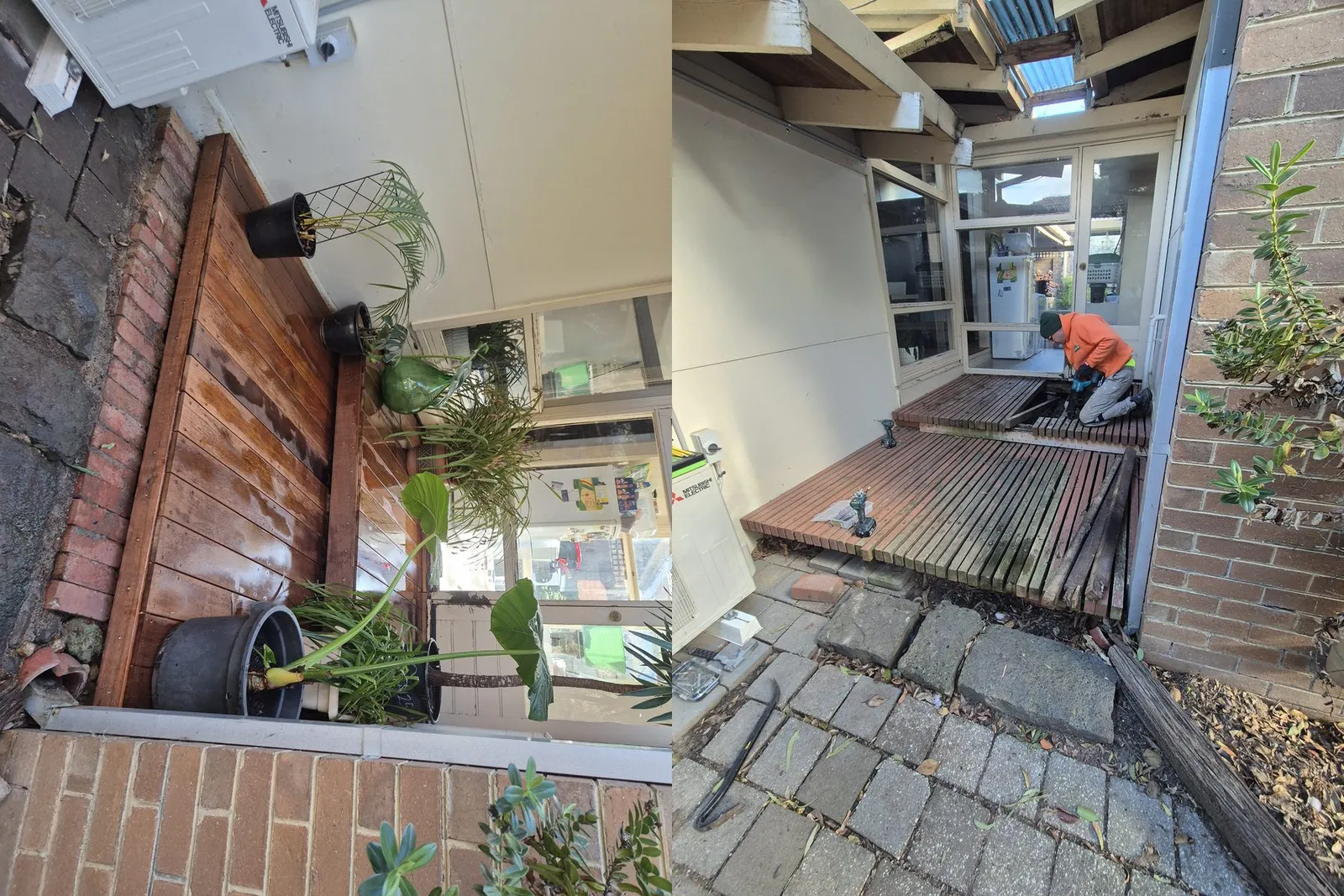 Back-door deck before and after — rotted timber boards replaced with new hardwood deck and steps