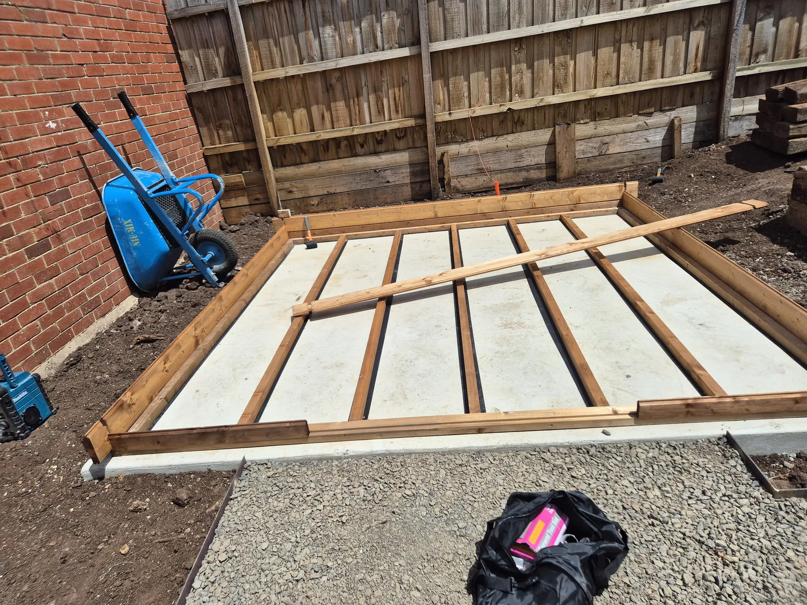 Cabin floor frame laid out on the slab