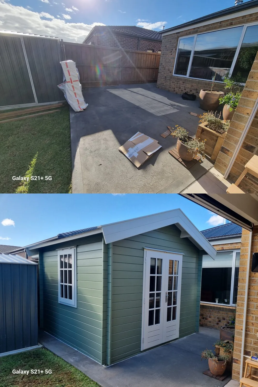Backyard cabin build before and after — bare concrete pad transformed into a sage-green cabin with French doors