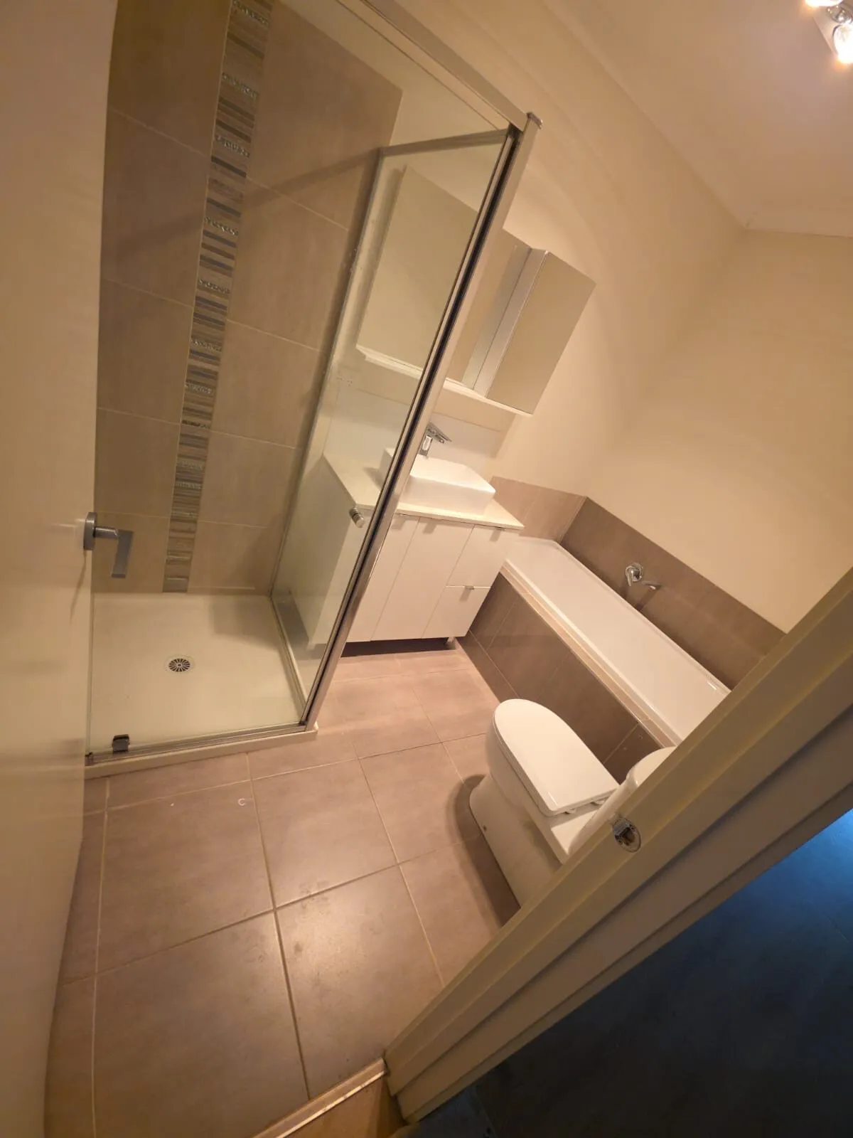 Original bathroom layout before renovation showing old shower, vanity, bath and toilet
